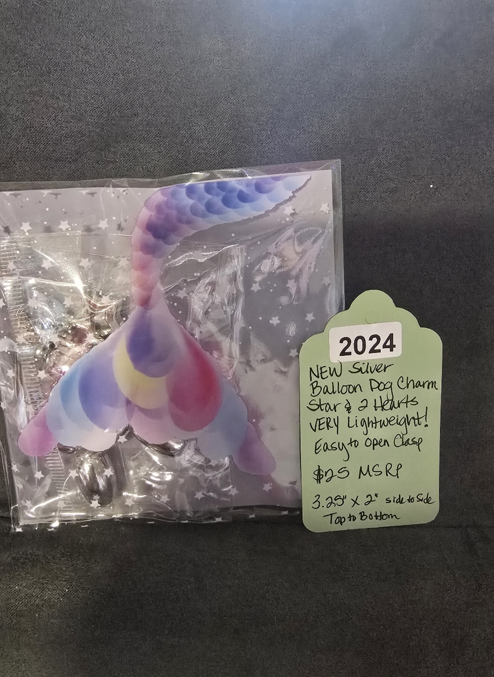 #2024 🧜‍♀NEW SILVER PUFFY BALLOON DOG PURSE CHARM with Star & 2 Hearts 3.25"x2" - Picture 11 of 14